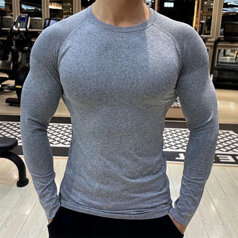 弹力速干无缝显大健身衣男士运动T恤透气跑步训练服圆领紧身长袖