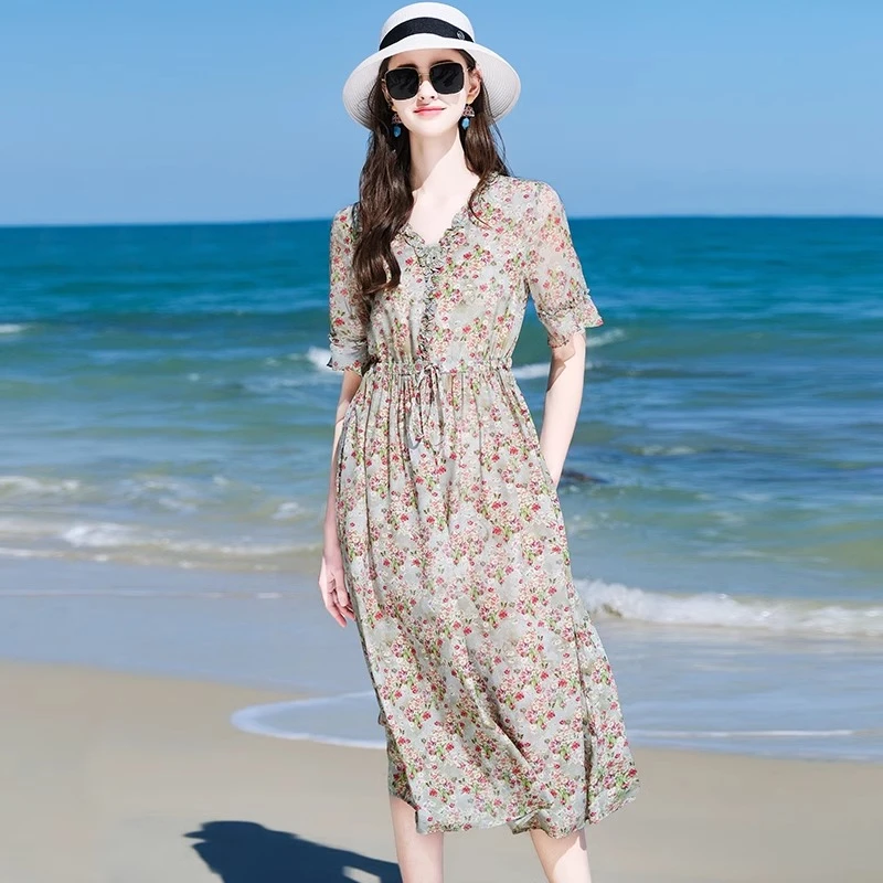 普拉妮100%桑蚕丝宽松女装收腰连衣裙洋气气质时尚大牌-6830