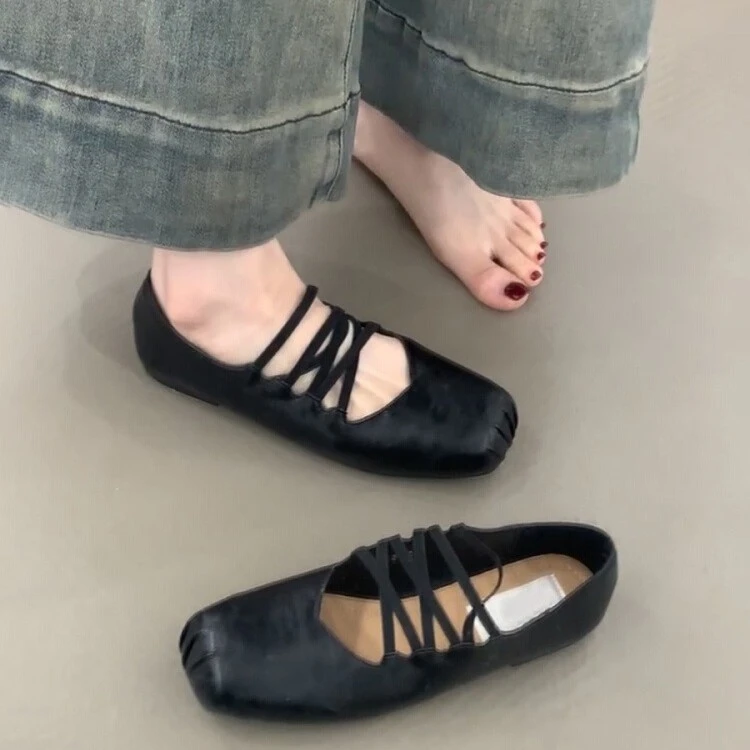 羊皮版~法式方头交叉带玛丽珍鞋子女春秋平底单鞋浅口软底芭蕾鞋