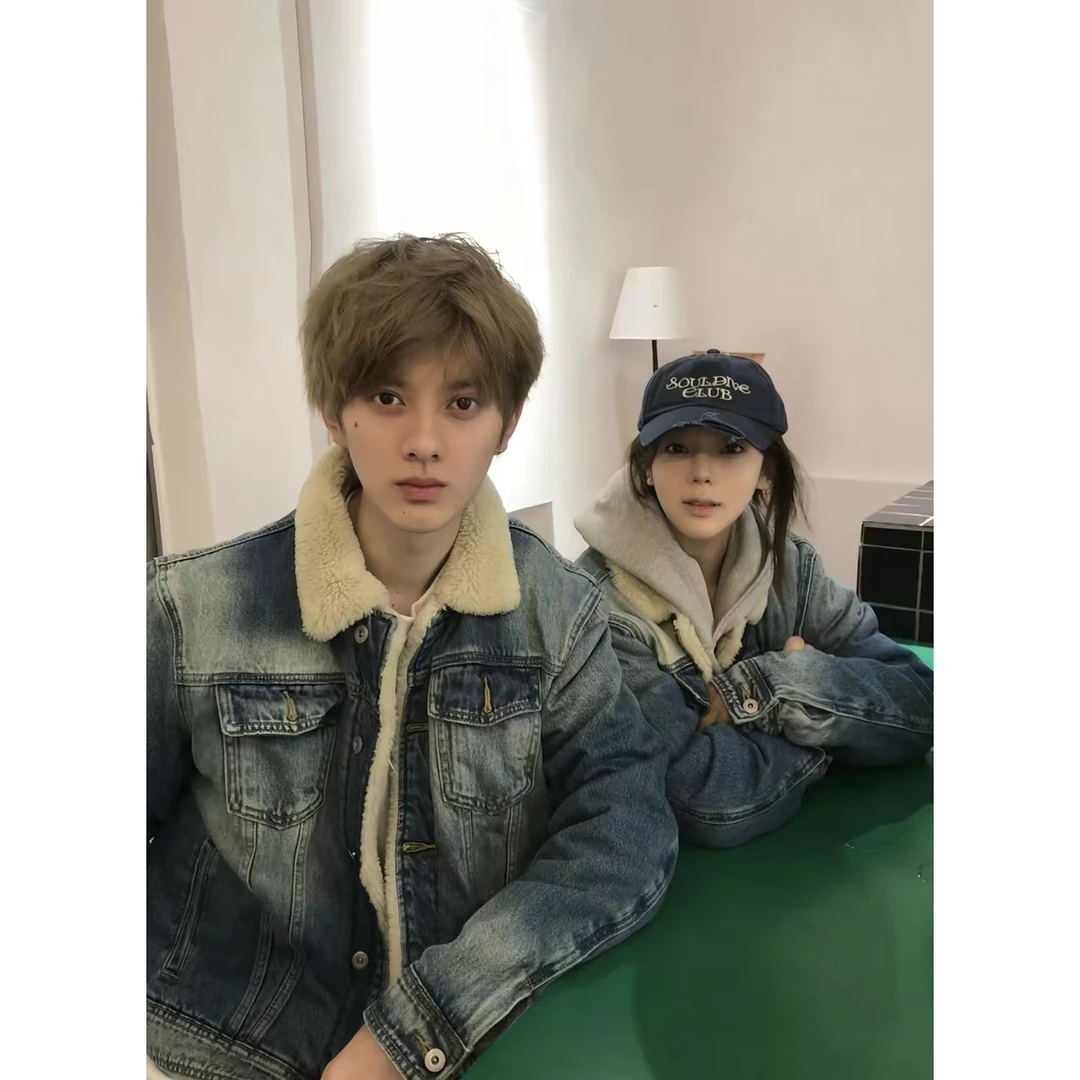 复古蓝色做旧羊羔毛牛仔外套男款秋冬美式复古设计潮牌高级感夹克