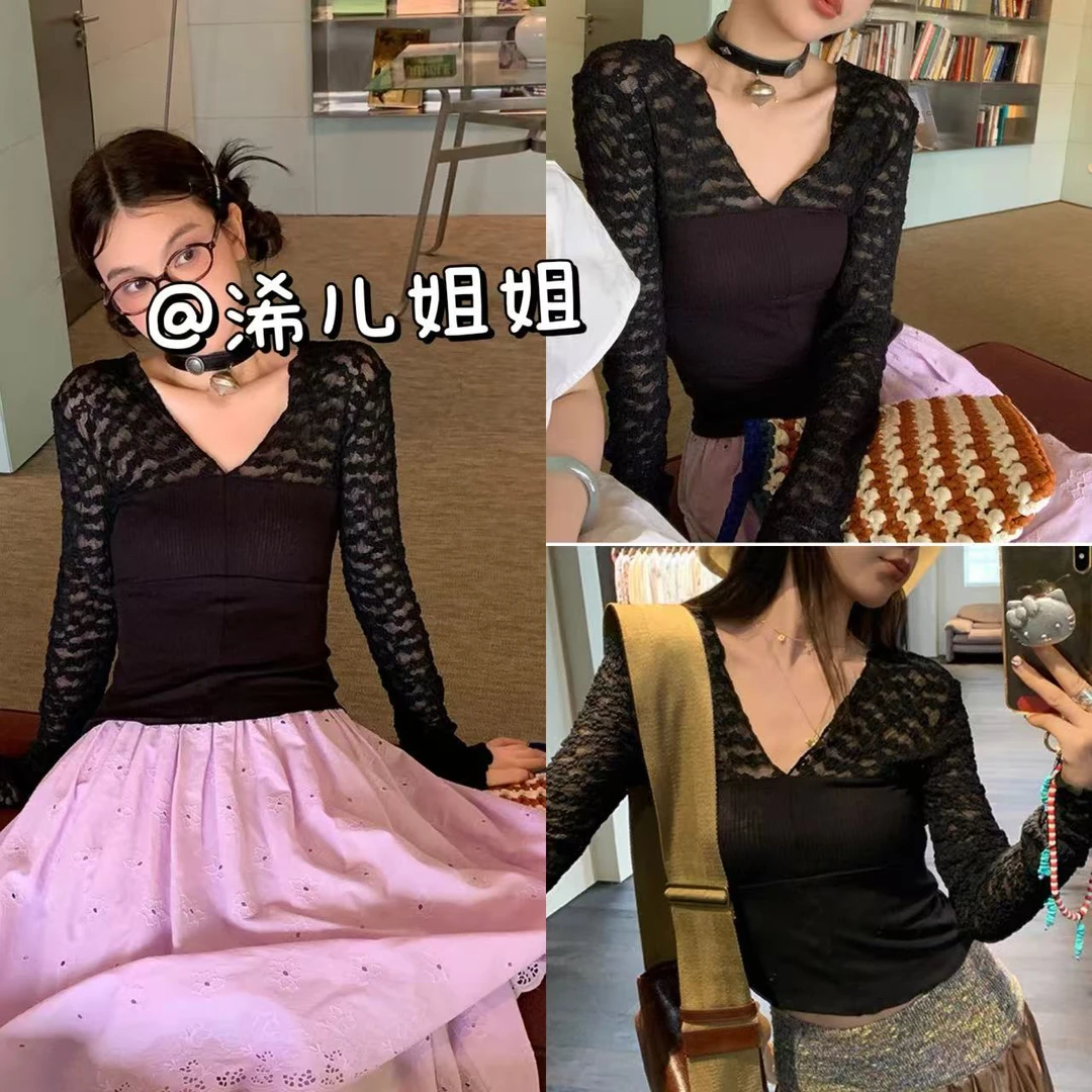 （浠儿家） 自在浪漫V领多片式蕾丝拼接长袖上衣