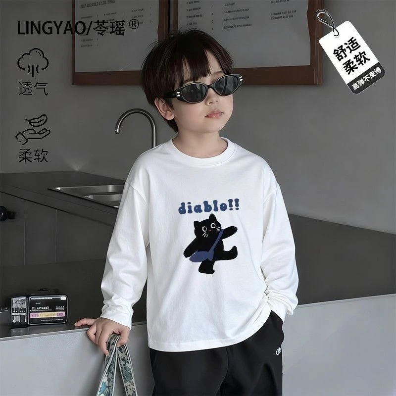 2025春秋季新款童装纯棉长袖t恤男童女童小猫卡通印花爆款上衣潮