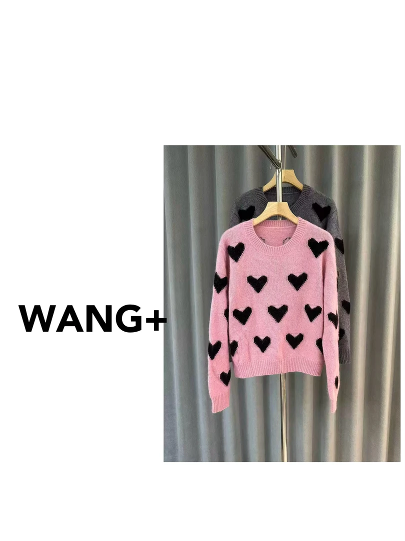 WANG+/冬季爱心提花绵加厚撞色百搭套头针织衫女打底