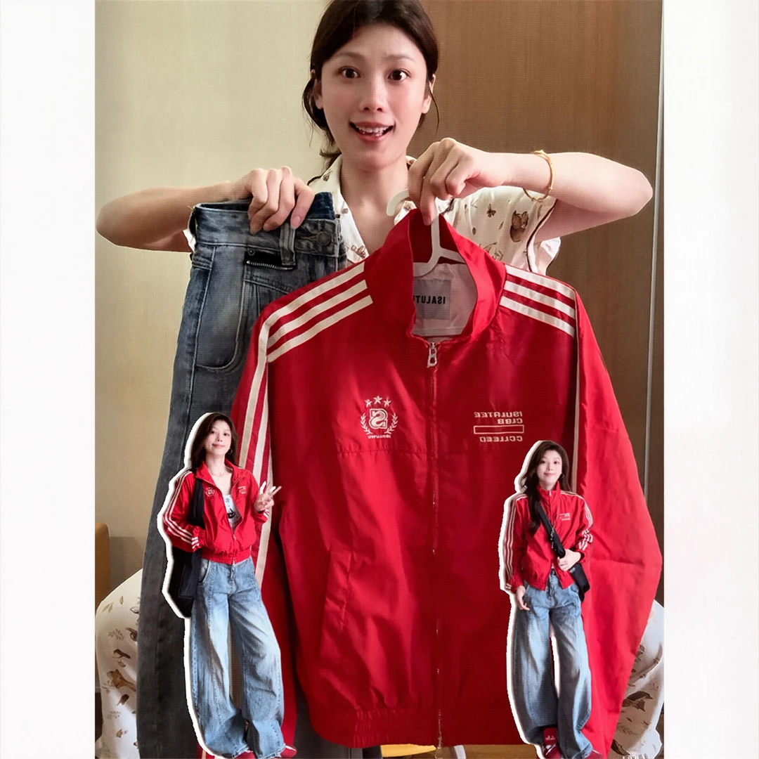 红色美式复古外套女秋季2025新款设计感潮牌小众休闲立领夹克外套