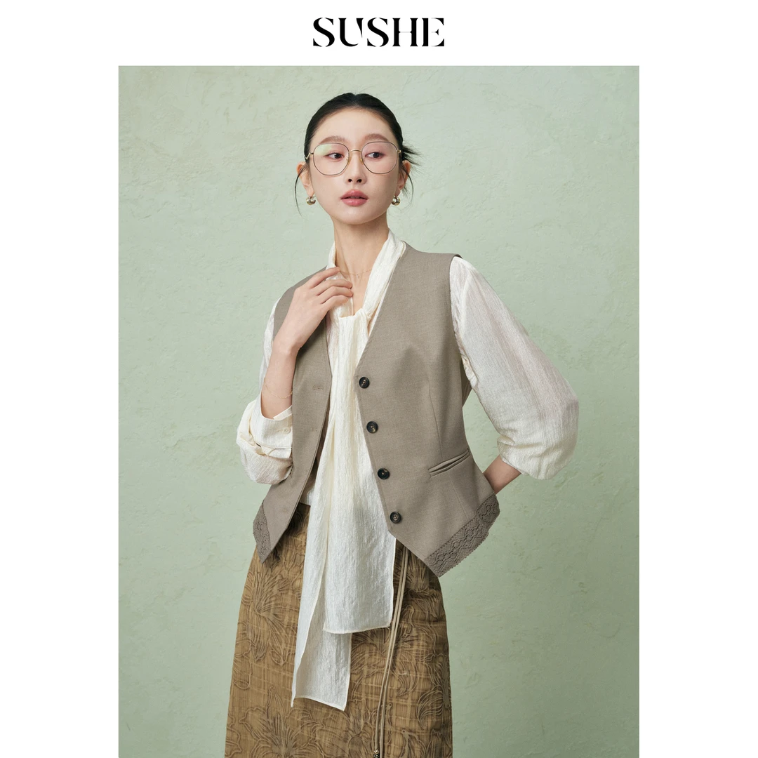 束皙SUSHE 倚阑 高智感精纺羊毛蕾丝花边2025春季新款显瘦马甲女