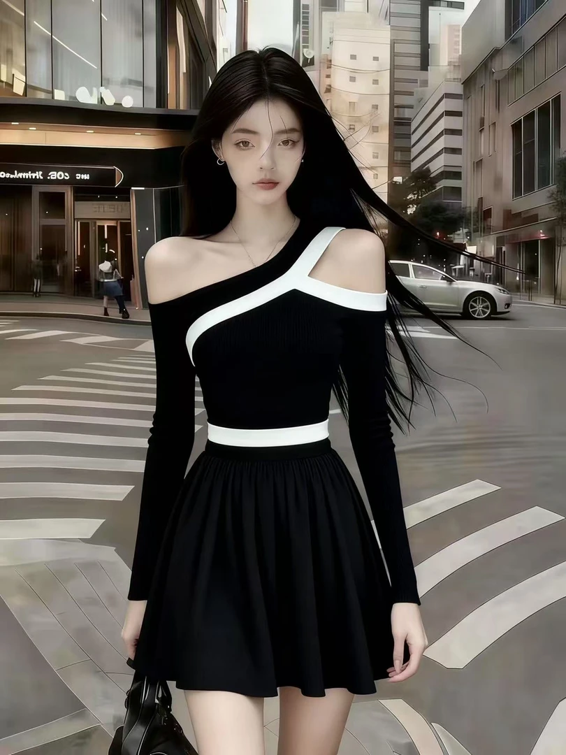 秋季时尚休闲通勤风A字裙黑白撞色斜领露肩设计感长袖高腰连衣裙