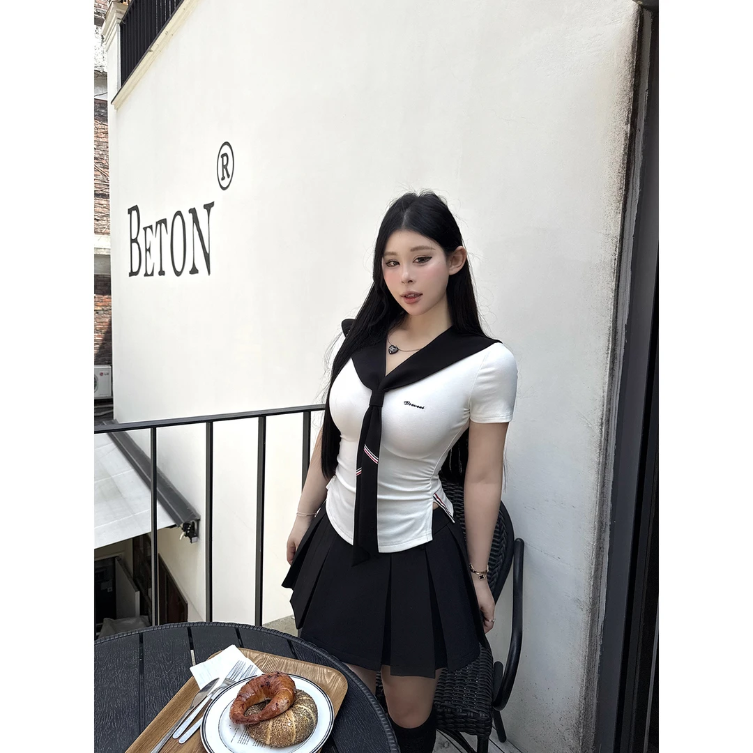 黑泽玄七”韩高生2.0套装”夏季显瘦韩女航海系刺绣上衣百褶裙套装