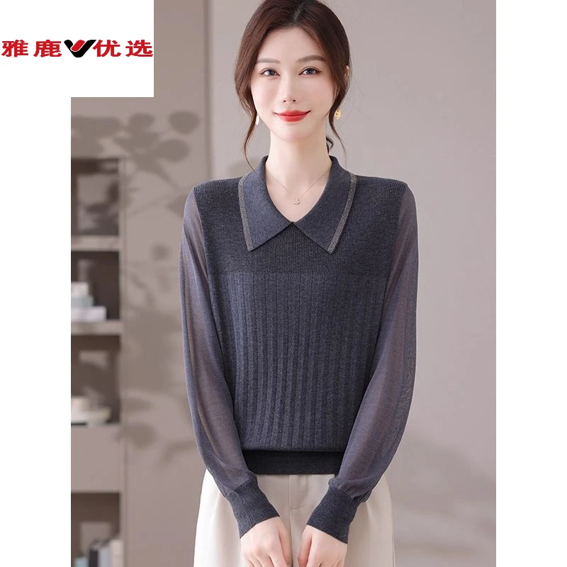 雅鹿优选秋新款POLO领针织衫女短款宽松翻领上衣内搭气质网纱袖薄