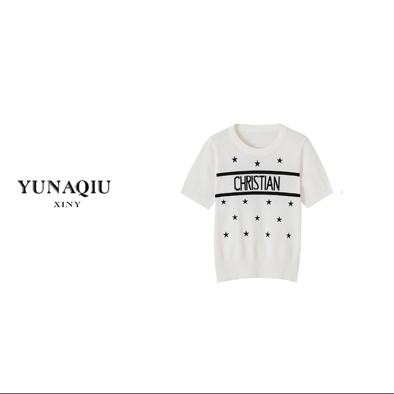 （七七推荐）夏季五角星字母提花短袖圆领针织高级感百搭短袖-8019