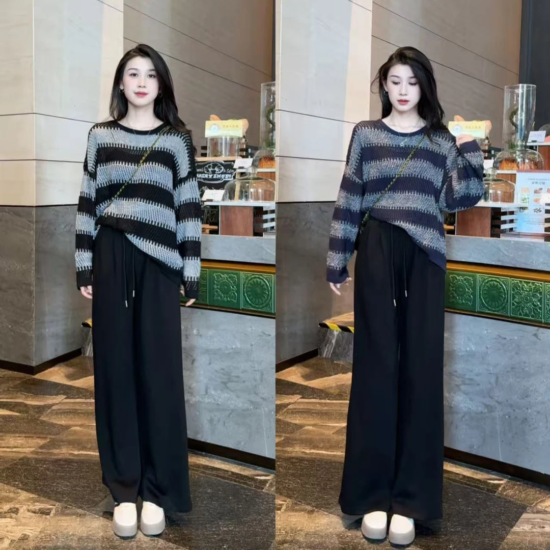 早秋新撞色条纹慵懒风高级感上衣+高腰抽绳显腿长的阔腿裤两件套