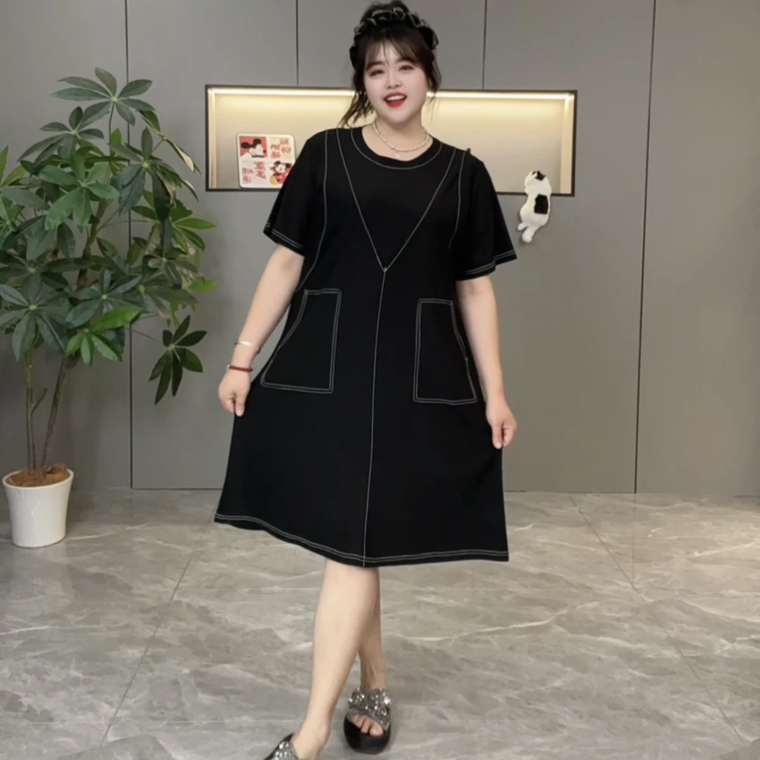 2025夏季新款2584胖m复古口袋假两件明线遮肉显瘦大码连衣裙a字裙