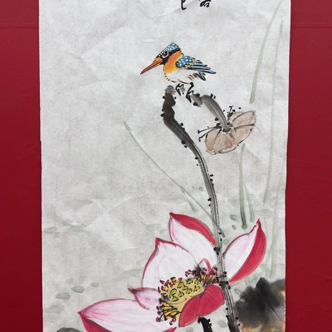 国画盛祥昆手绘荷花翠鸟图