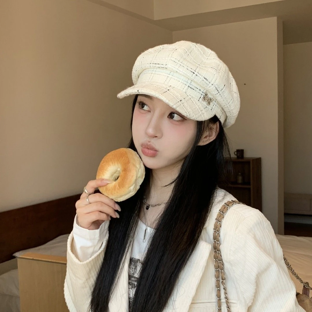 25S格纹蝴蝶小标八角帽子女秋冬复古英伦风显脸小鸭舌帽小香风