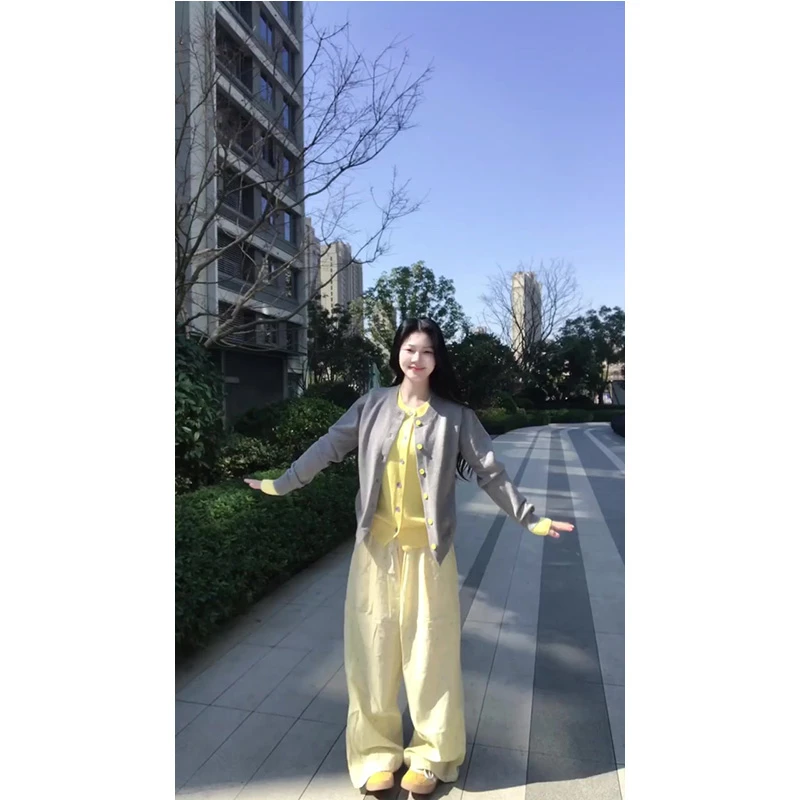 假两件撞色针织开衫女春季2025新款设计感内搭打底衫阔腿裤套装