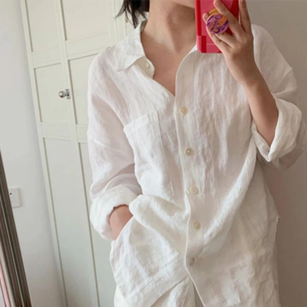 法式高级感白色亚麻套装女休闲衬衣防晒开衫直筒时尚百搭气质衣服