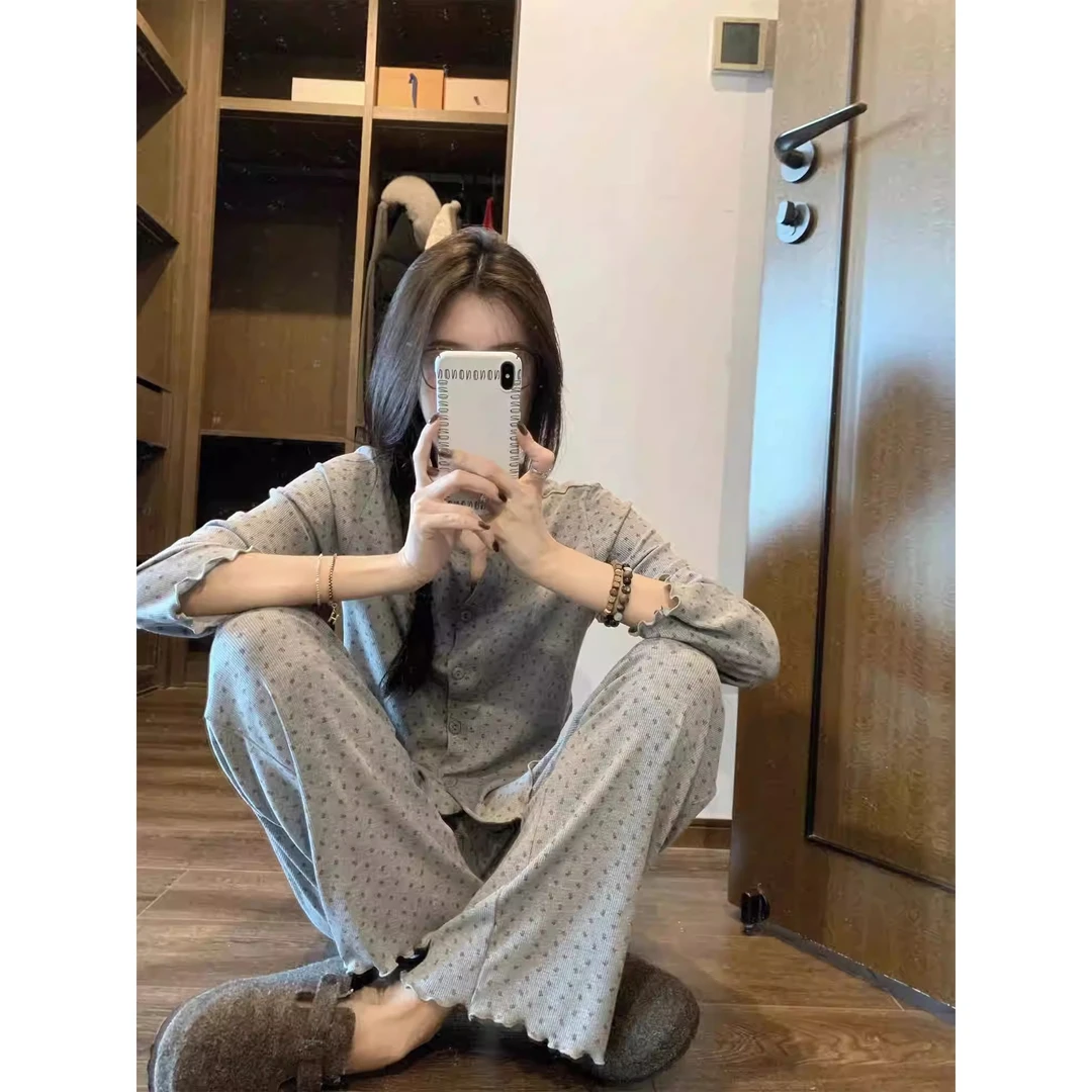 【甜美少女】碎花开衫圆领睡衣女春秋季新款长袖长裤家居服大码套装
