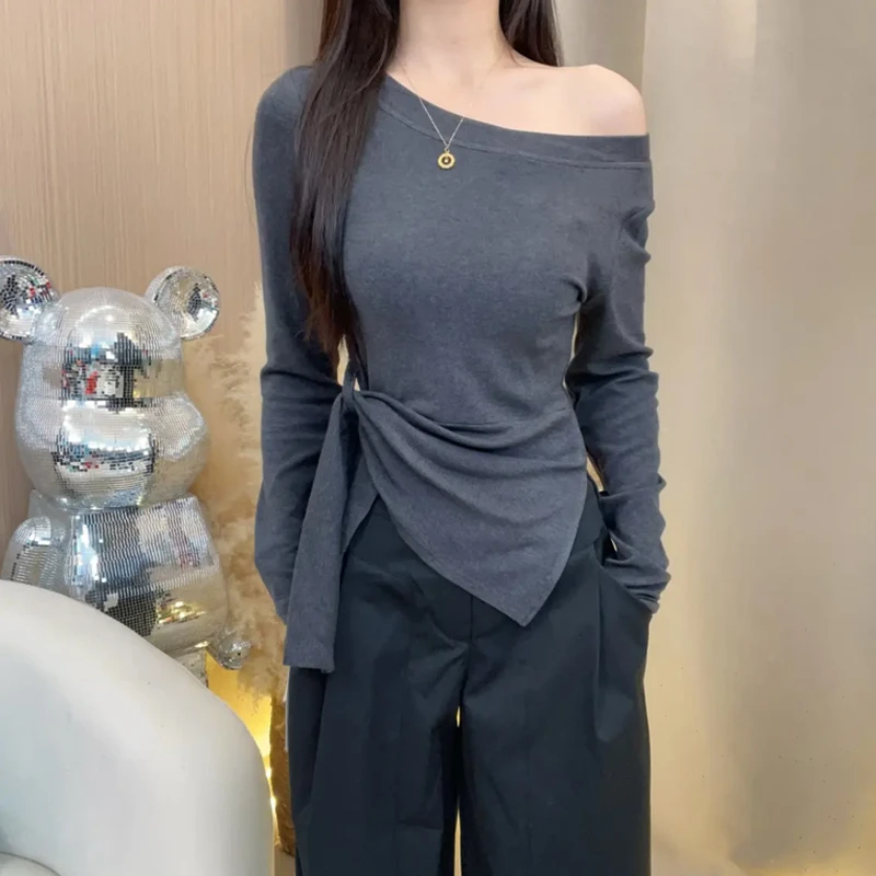 【运补5】大码胖mm韩系条纹不规则开叉斜肩长袖T恤女装早秋收腰上衣