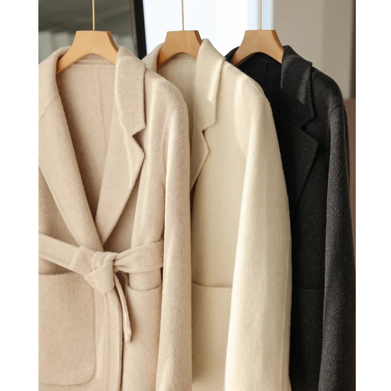 通勤优雅 羊毛双面呢大衣小个子韩版宽松腰带毛呢外套女秋冬新款