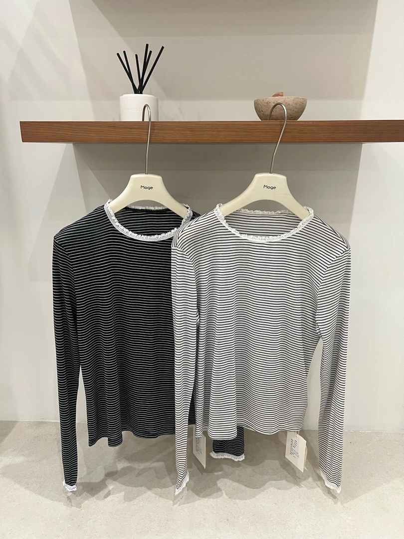 圆领女士精纺棉女式条纹T恤黑白韩版黑色长袖通勤