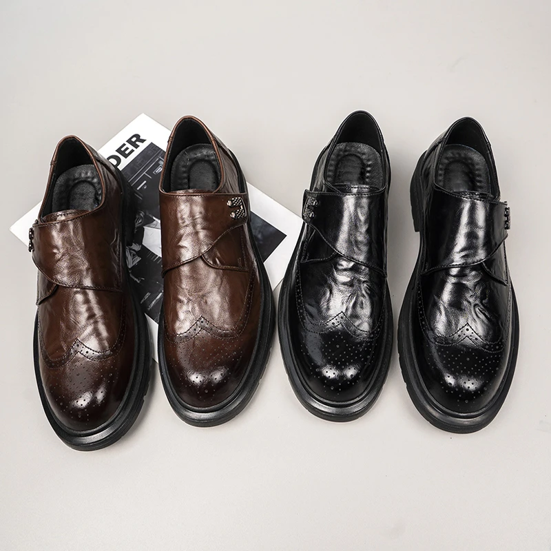 头层牛皮男士商务休闲皮鞋真皮透气布洛克英伦风一脚蹬男鞋2596
