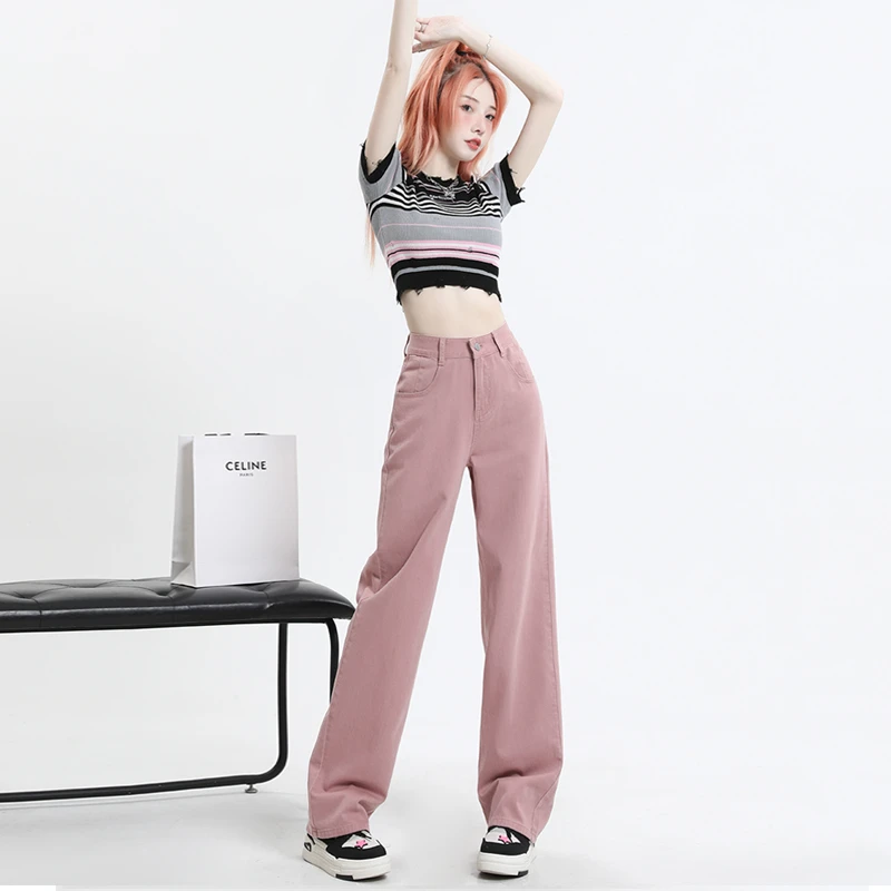 JS1165粉色牛仔裤女春季爆款新款高腰直筒宽松显瘦大码阔腿拖地裤