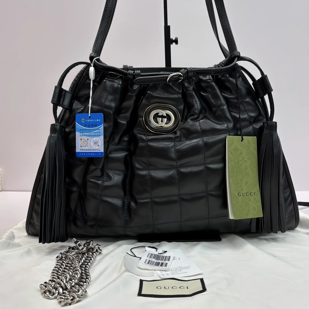 99新 GUCCI/古驰 新款黑银流苏手提单肩托特包 06057