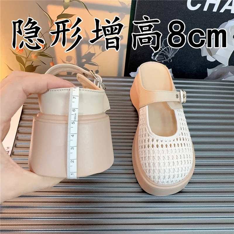 小个子内增高8cm包头半拖鞋女夏外穿一脚蹬懒人鞋镂空厚底凉拖鞋