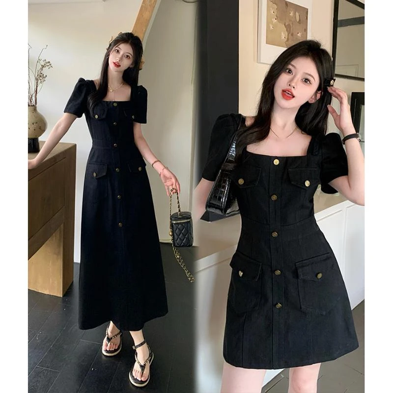 大码法式牛仔连衣裙女夏季收腰显瘦小个子短裙微胖MM短袖A字裙子