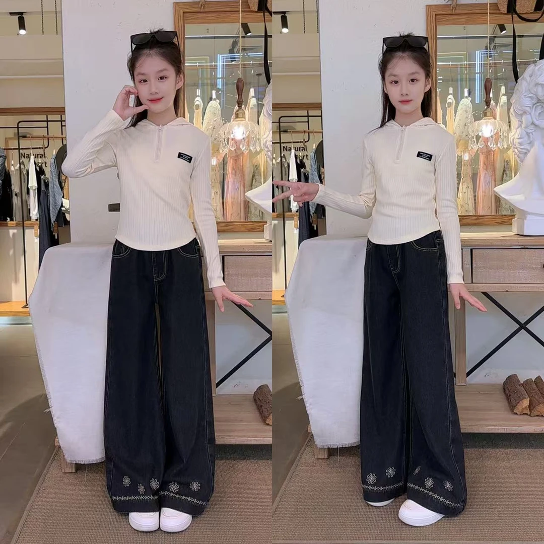 女童春秋款连帽针织休闲上衣刺绣阔腿裤12-15岁初中女孩潮装套装