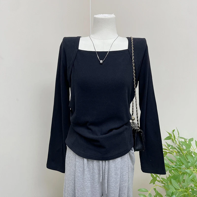 特大码200斤春季新款方领设计感长袖t恤女百搭洋气时尚收腰打底衫