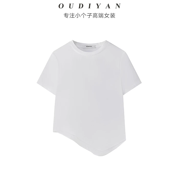 OUDIYAN | 小个子高端女装夏季圆领100%液氨棉不规则白色短袖T恤