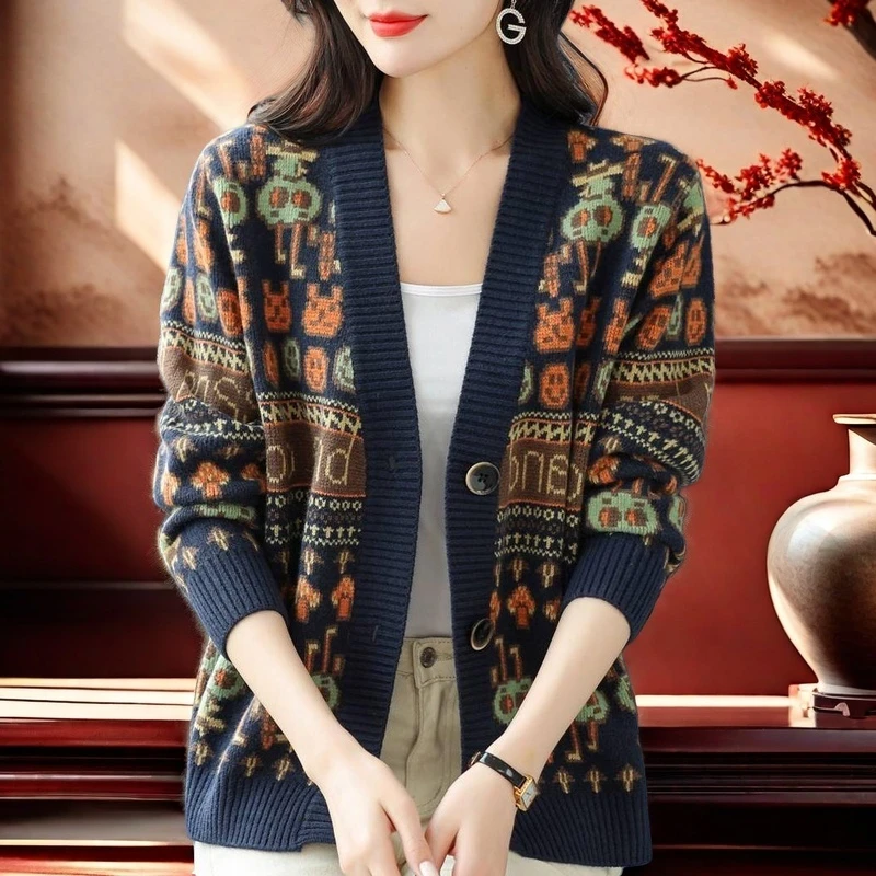 纯100羊绒衫2025春秋新款V领外套女士中年妈妈妙龄针织毛衣开衫女