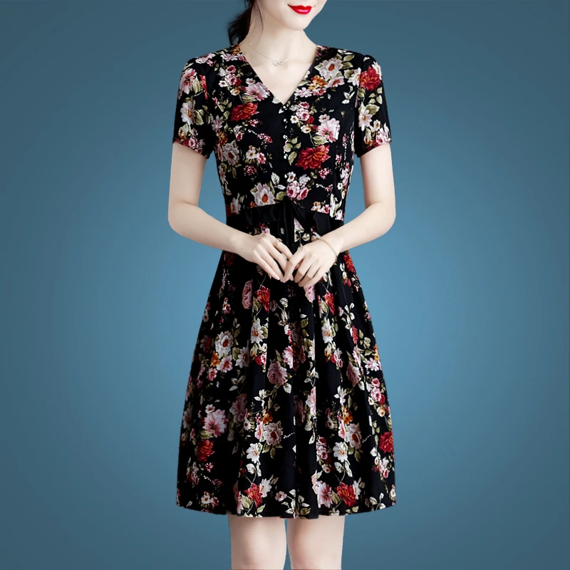 【品牌特价】4092气质短袖碎花连衣裙女女装大码时尚修身雪纺裙中裙