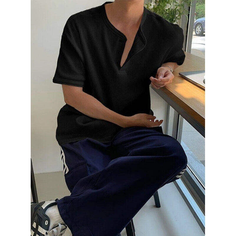 亨利领华夫格短恤t恤男夏季韩系侧开衩设计感休闲百搭薄款体恤衫