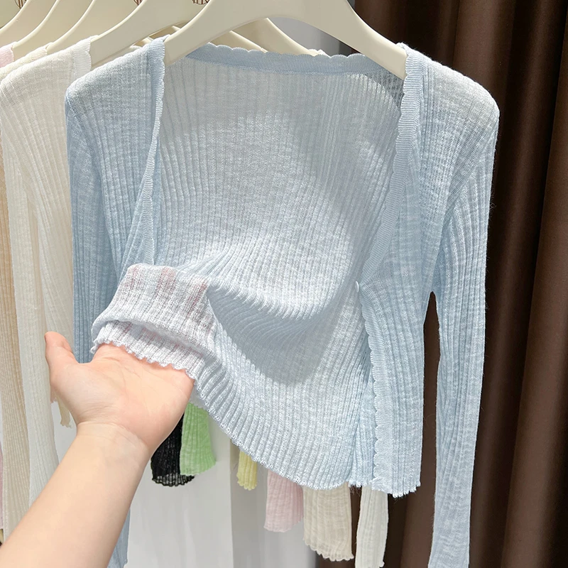 蓝色薄针织冰丝开衫女吊带裙小外搭v领上衣夏季防晒披肩修身罩衫
