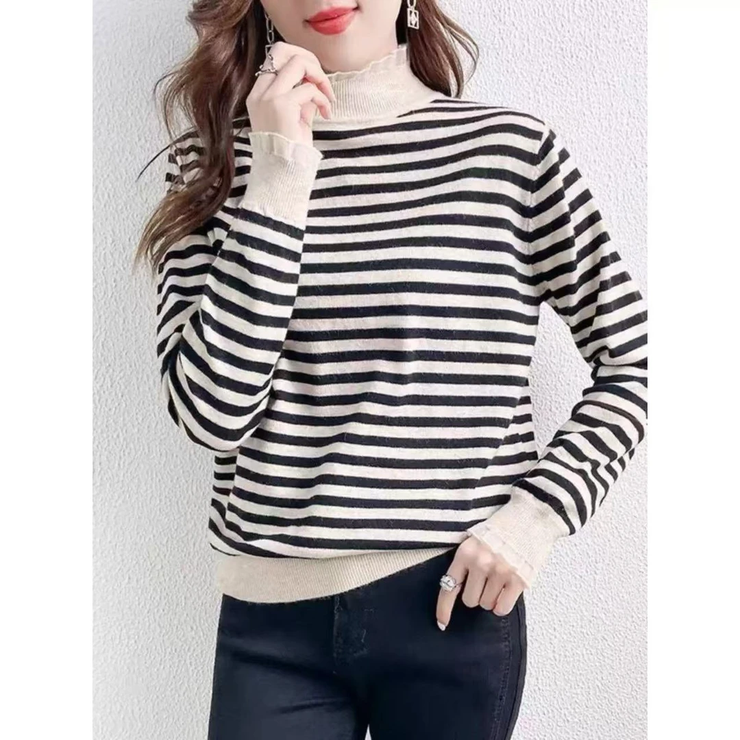 【玉姐家】秋冬2025新款毛衣半高领条纹显瘦蕾丝针织打底上衣女f523