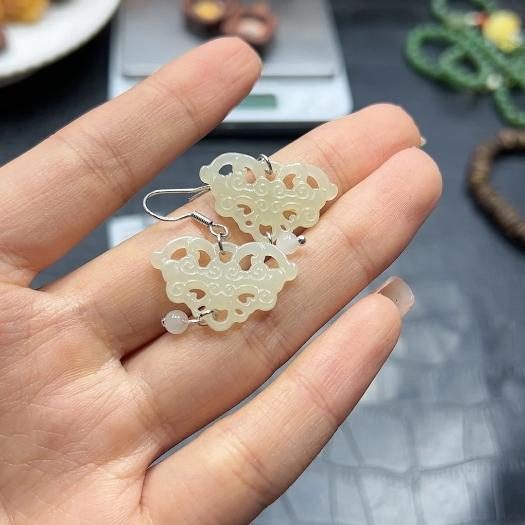 银S925镶嵌手链烟晶和田玉耳饰X666