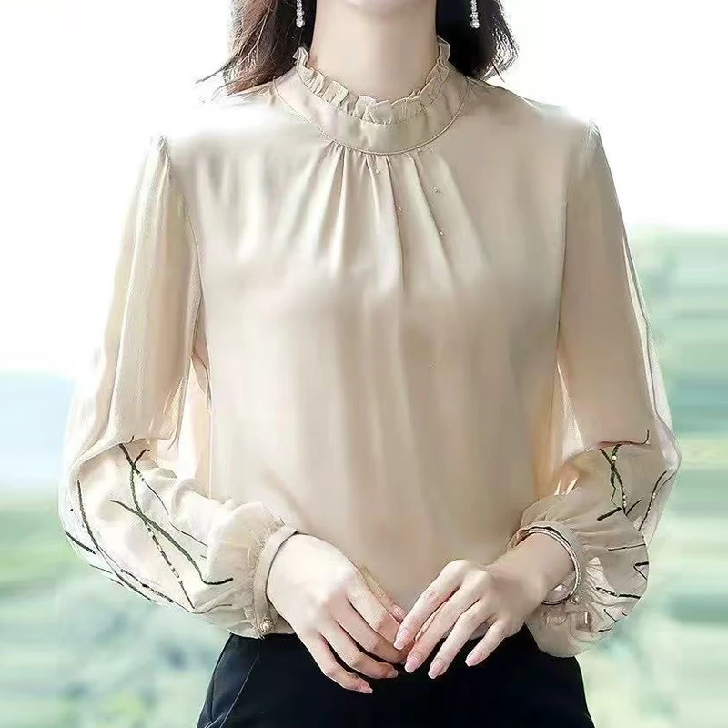 YML 杏色缎面拼接长袖衬衫女春秋