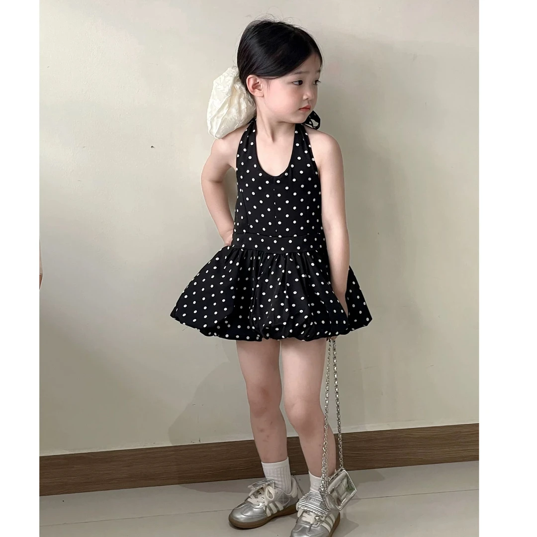 女童度假风连衣裙连体挂脖裙子沙滩裙洋气花苞短裙2025夏装新款潮