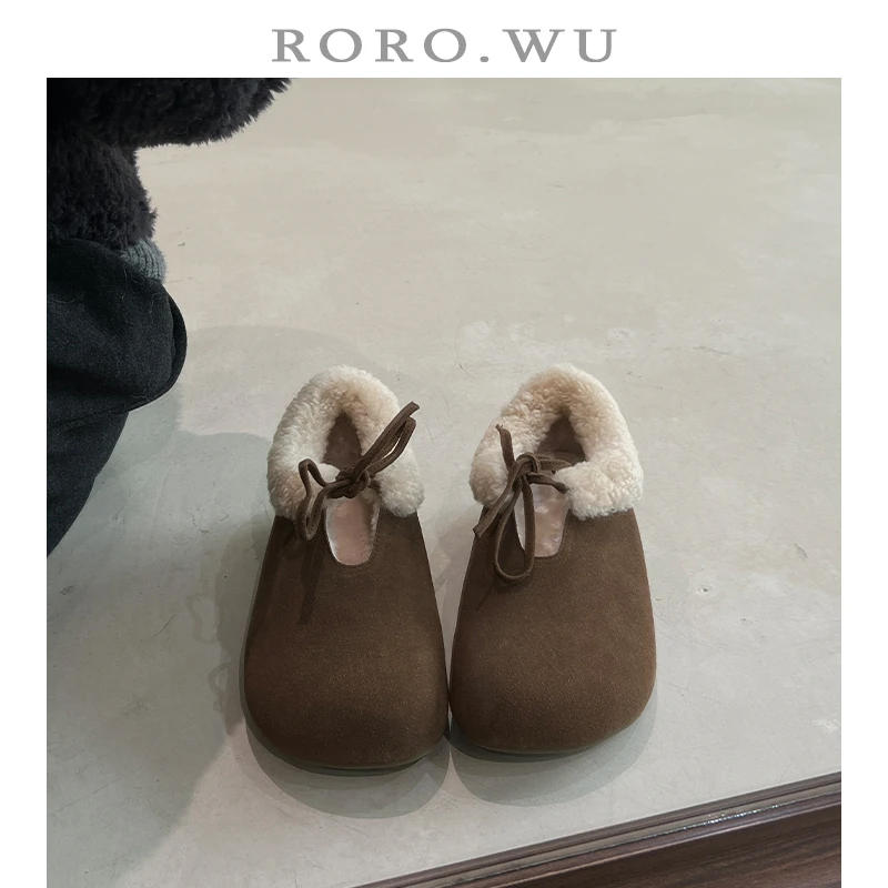 娆娆吴·磨砂牛皮百搭加绒保暖系带棉鞋冬季新款全包勃肯鞋女F36