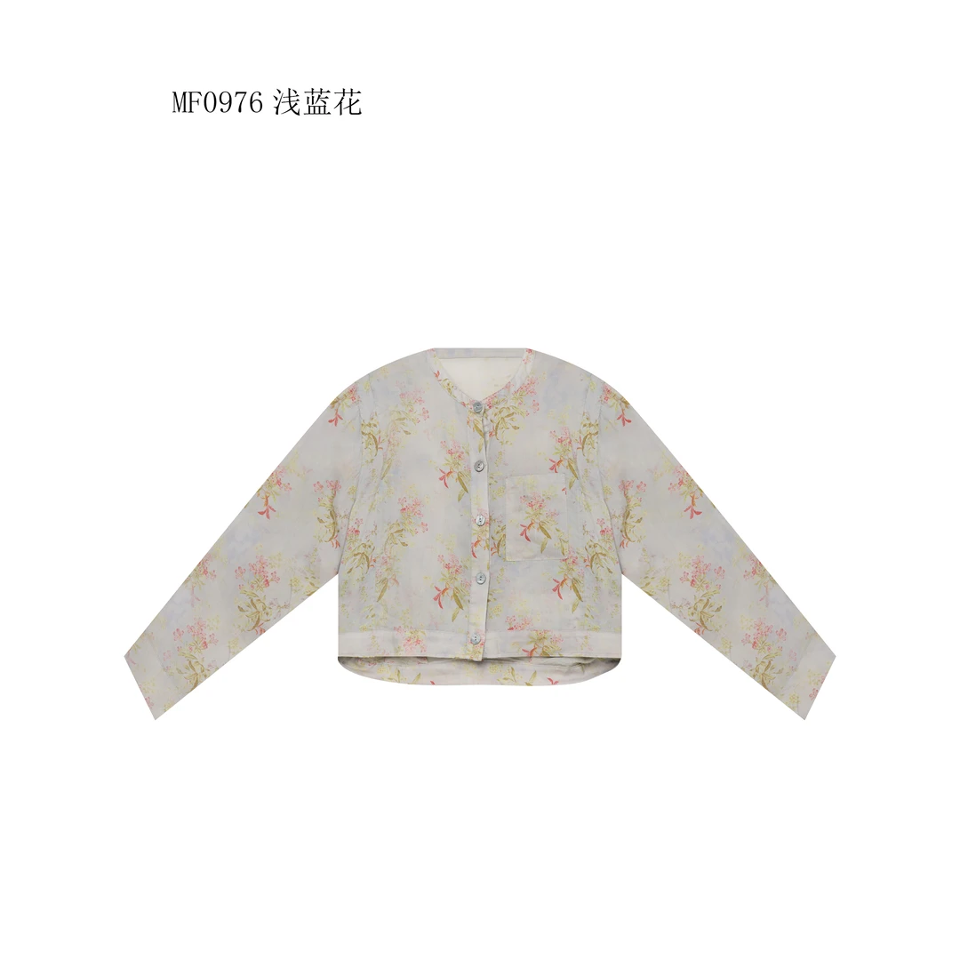 【麻訪家】MF0976浅蓝花文艺印花休闲百搭长袖开衫上衣