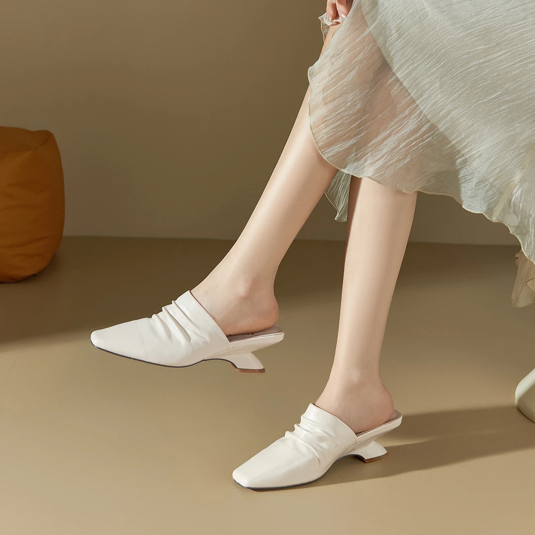 坡跟半拖包头透气软底外穿休闲方头气手工褶皱穆勒鞋凉拖5C079