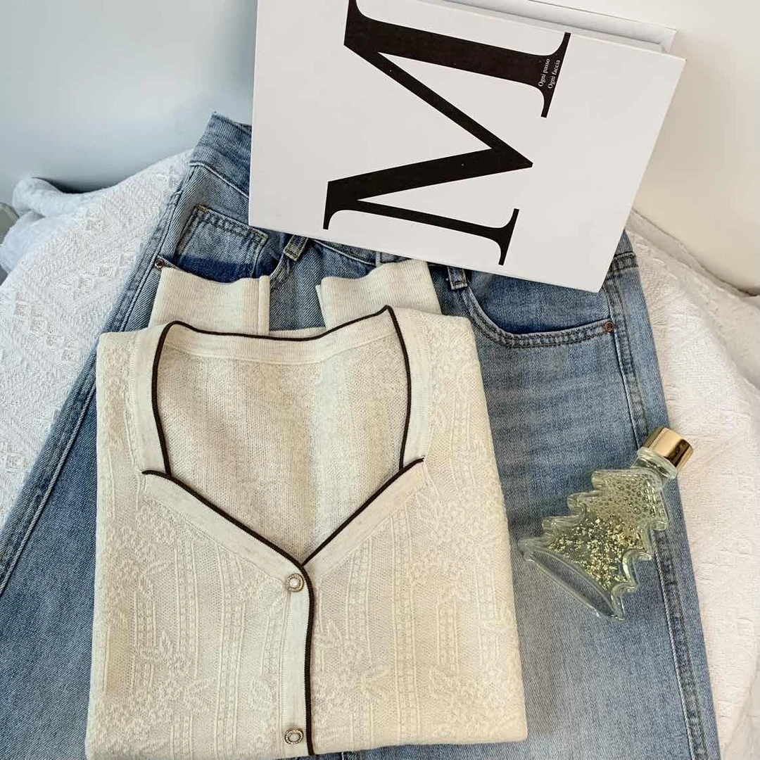 清-汤圆吖杏色不规则领口针织假开衫292738