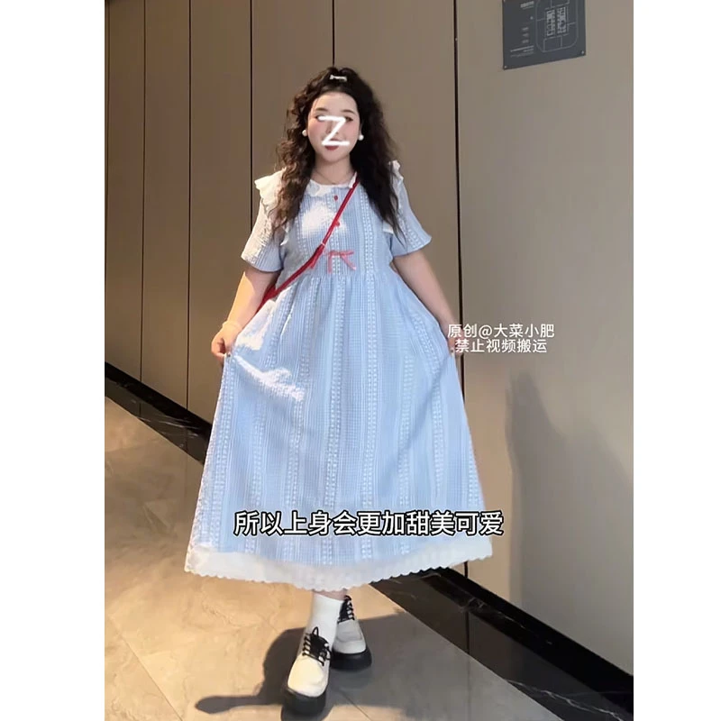 大码女装胖MM蓝色格子娃娃领短袖上衣+裙裤两件套装2025夏季新款