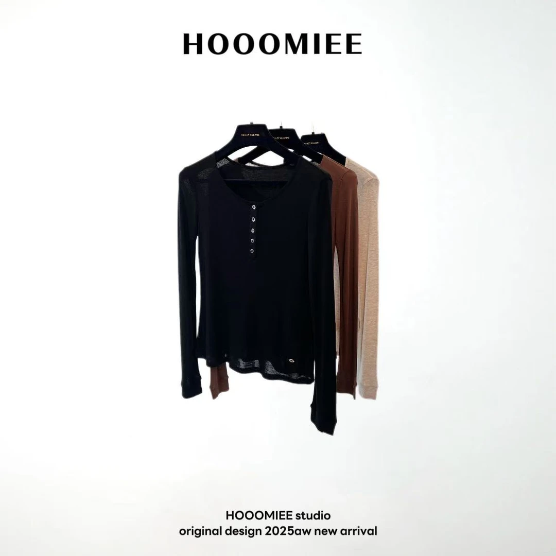 Hooomiee纯色排扣轻薄舒适百搭女士打底衣2024019