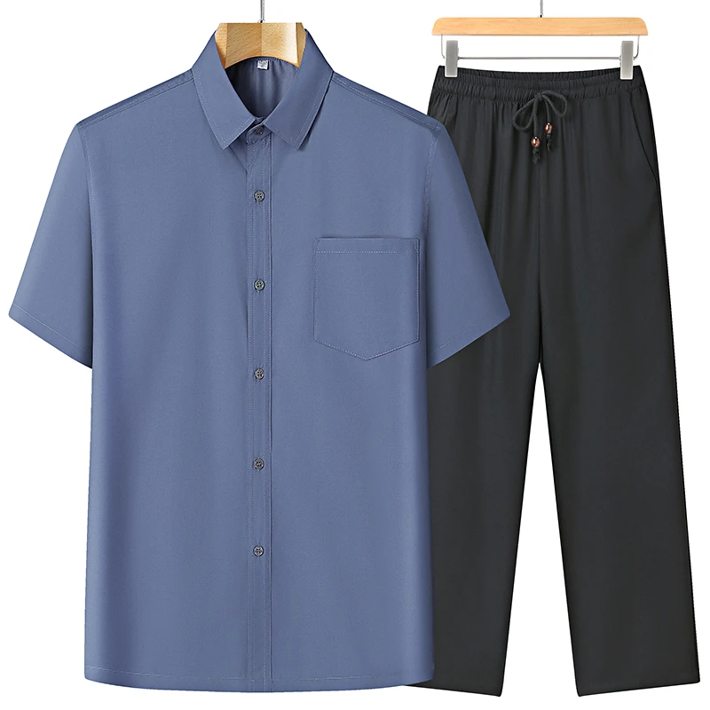 夏季爸爸装短袖衬衫套装中老年男士商务休闲男装爷爷装两件套衣服