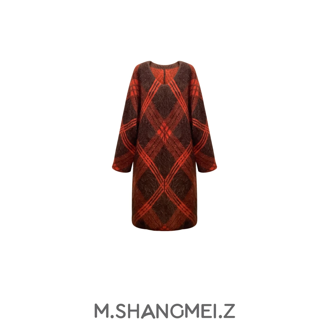 M.SHANGMEI.Z/沐熙美大哥新年撞色格纹马海毛羊毛大衣外套x1011