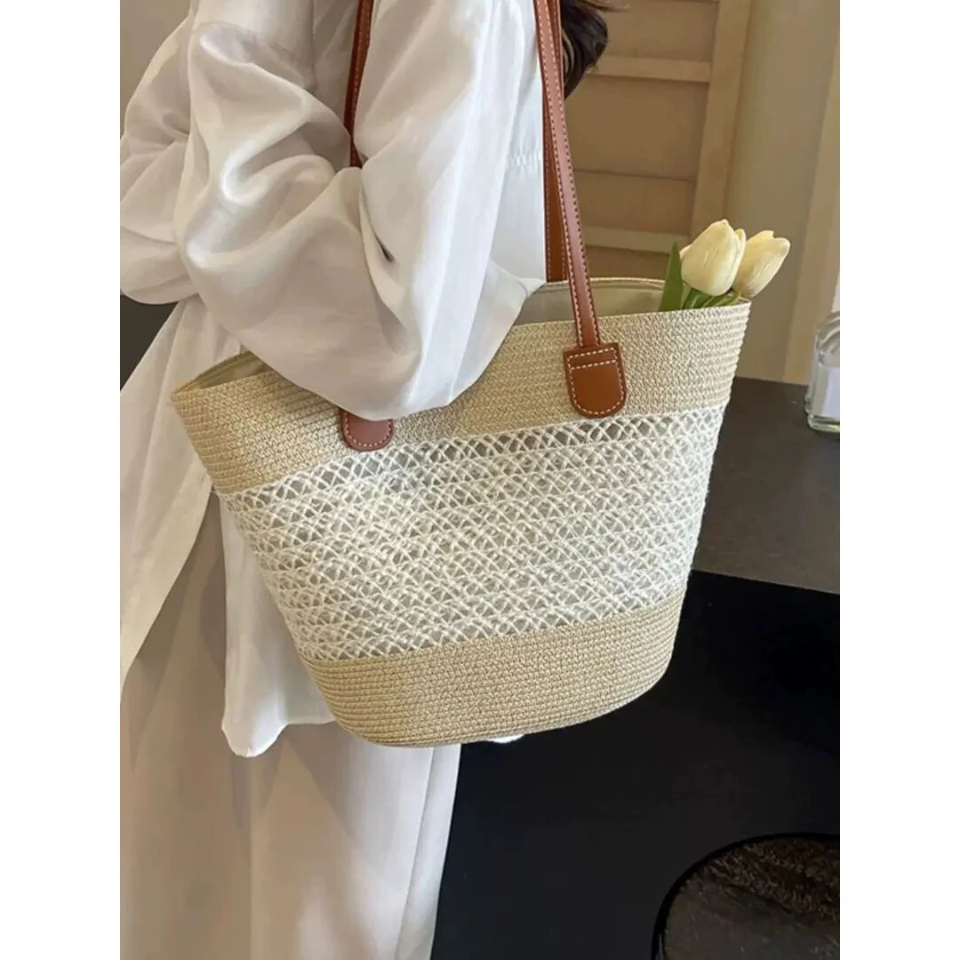 镂空草编包女大容量编织菜篮子夏日沙滩包法式单肩通勤托特包A604