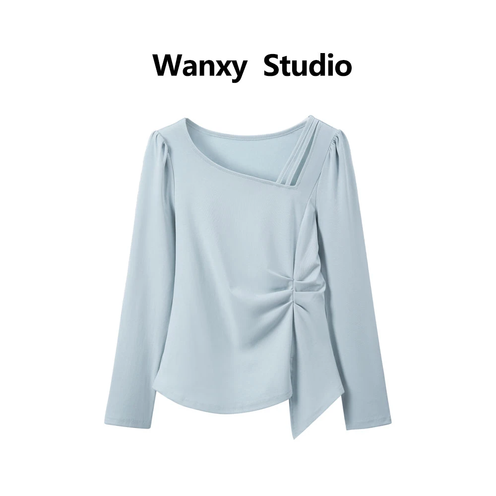 【6833】2025秋季胖mm不规则镂空斜领T恤气质遮肉显瘦褶皱上衣女