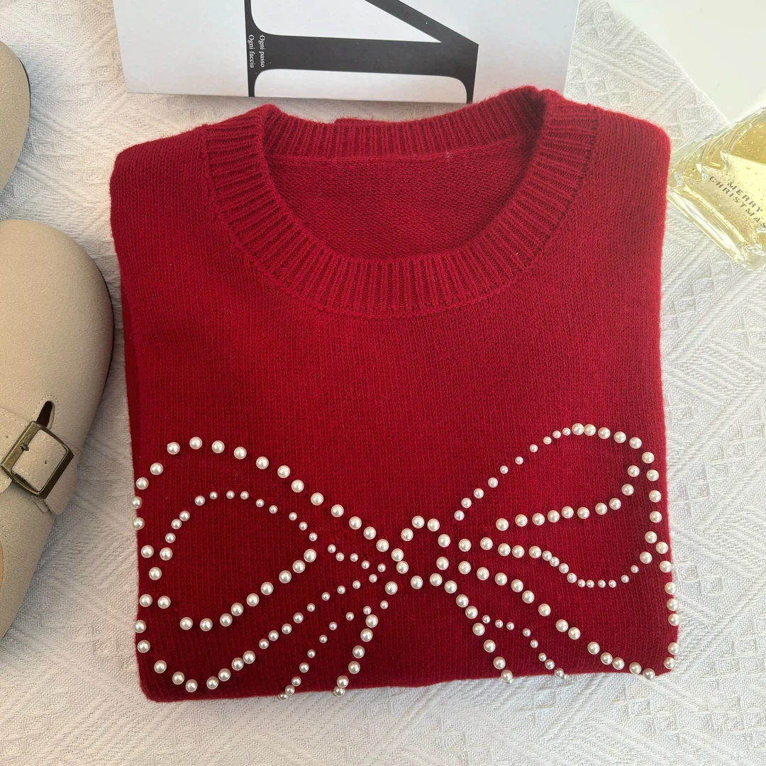 玲姐定制-圆领珍珠蝴蝶结款针织毛衣280377